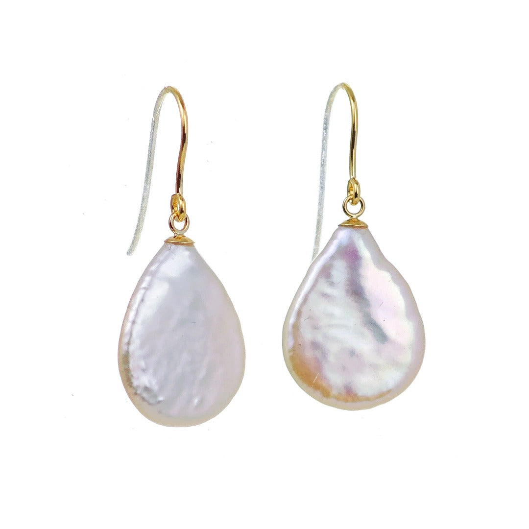 9ct Pearl Dangle Earrings 19mm Ivory Keshi Pear Handmade UK