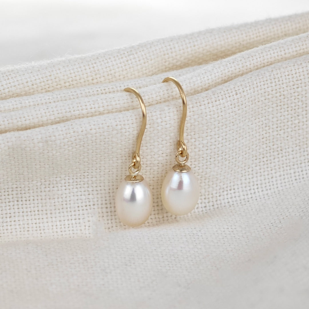 9ct Pearl Dangle Earrings 8mm Ivory Teardrop
