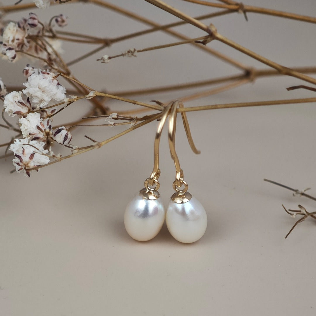 9ct Pearl Dangle Earrings 8mm Ivory Teardrop