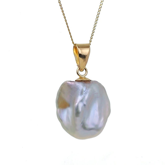 9ct gold pearl necklace, keshi baroque irregular white pearl on white background