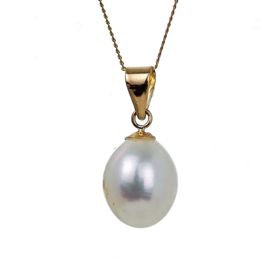 9ct gold pearl necklace, teardrop dangle pendant on white background