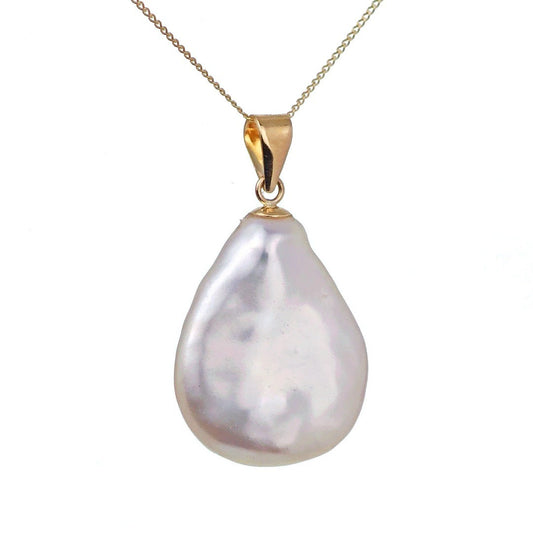 9ct gold pearl necklace, keshi baroque irregular white pear pearl on white background