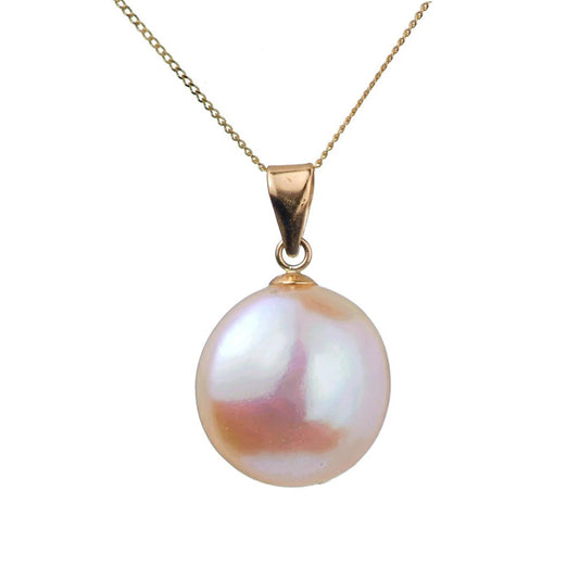 9ct gold disc pearl necklace on white background