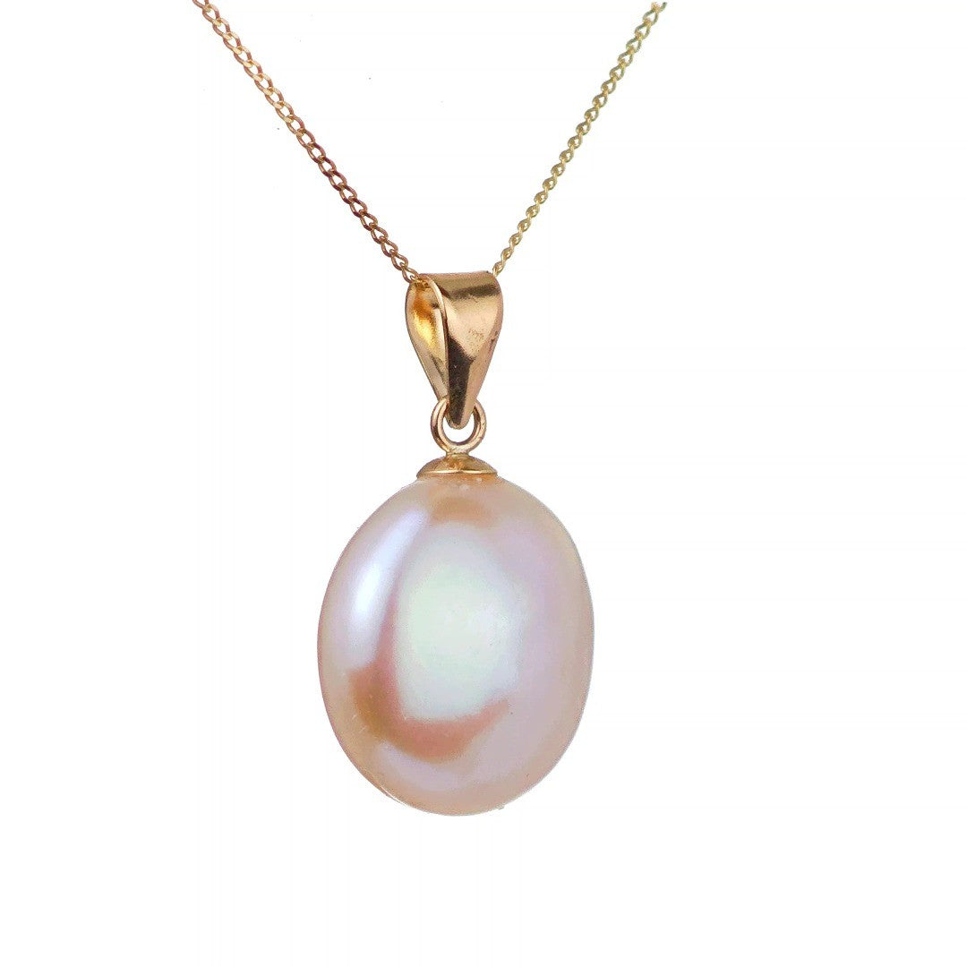 9ct gold disc pearl necklace on white background side view 2