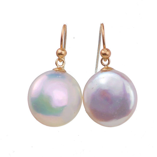 gold pearl earrings, dangle coin shape shown on white background