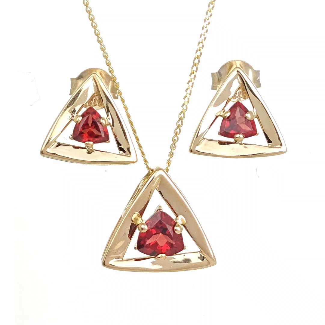garnet set necklace earrings 9ct yellow gold trillion designed in the UK