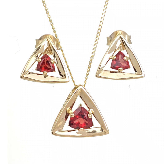 garnet set necklace earrings 9ct yellow gold trillion designed in the UK