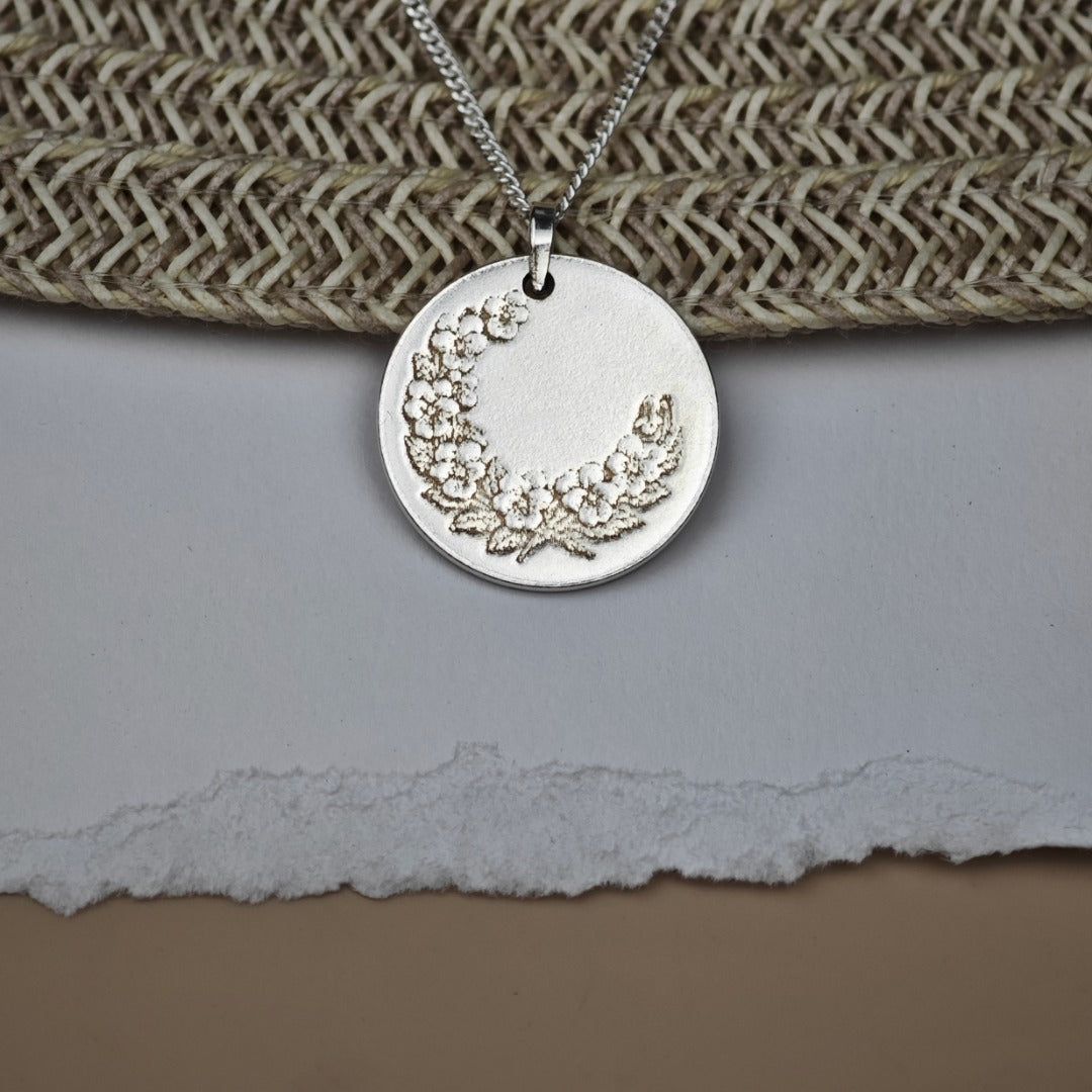 Violet Birth Flower Coin Necklace in Sterling Silver