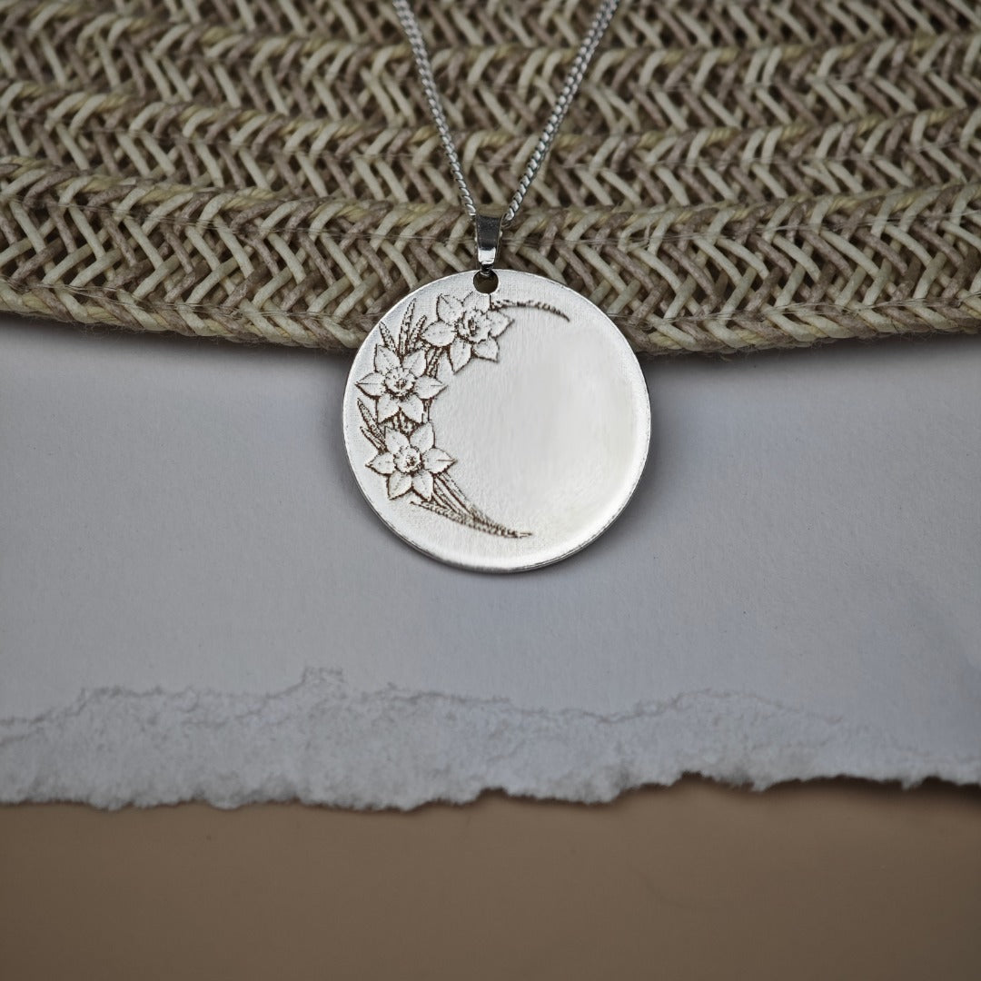 Daffodil Birth Flower Coin Necklace in Sterling Silver