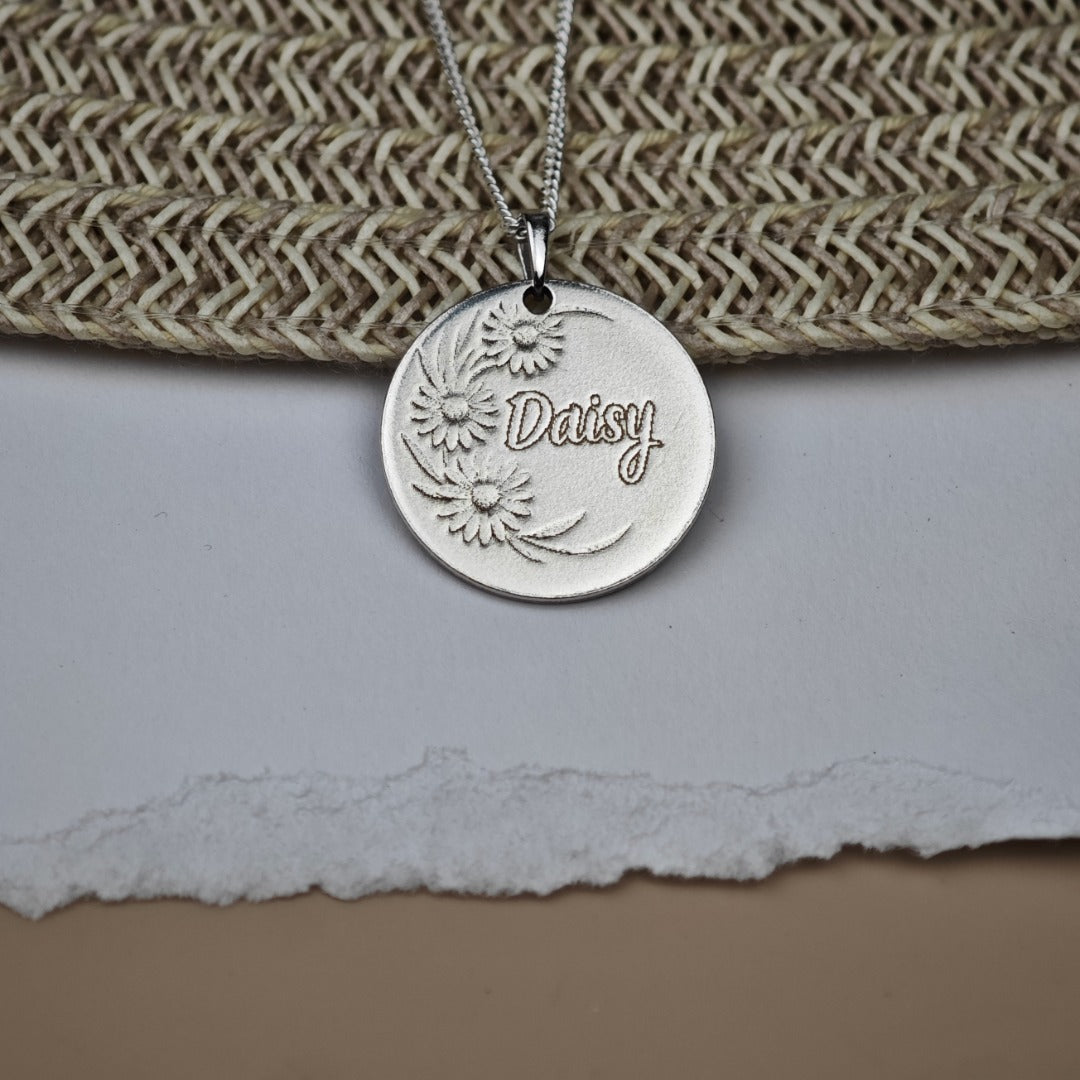 Daisy Birth Flower Coin Necklace in Sterling Silver
