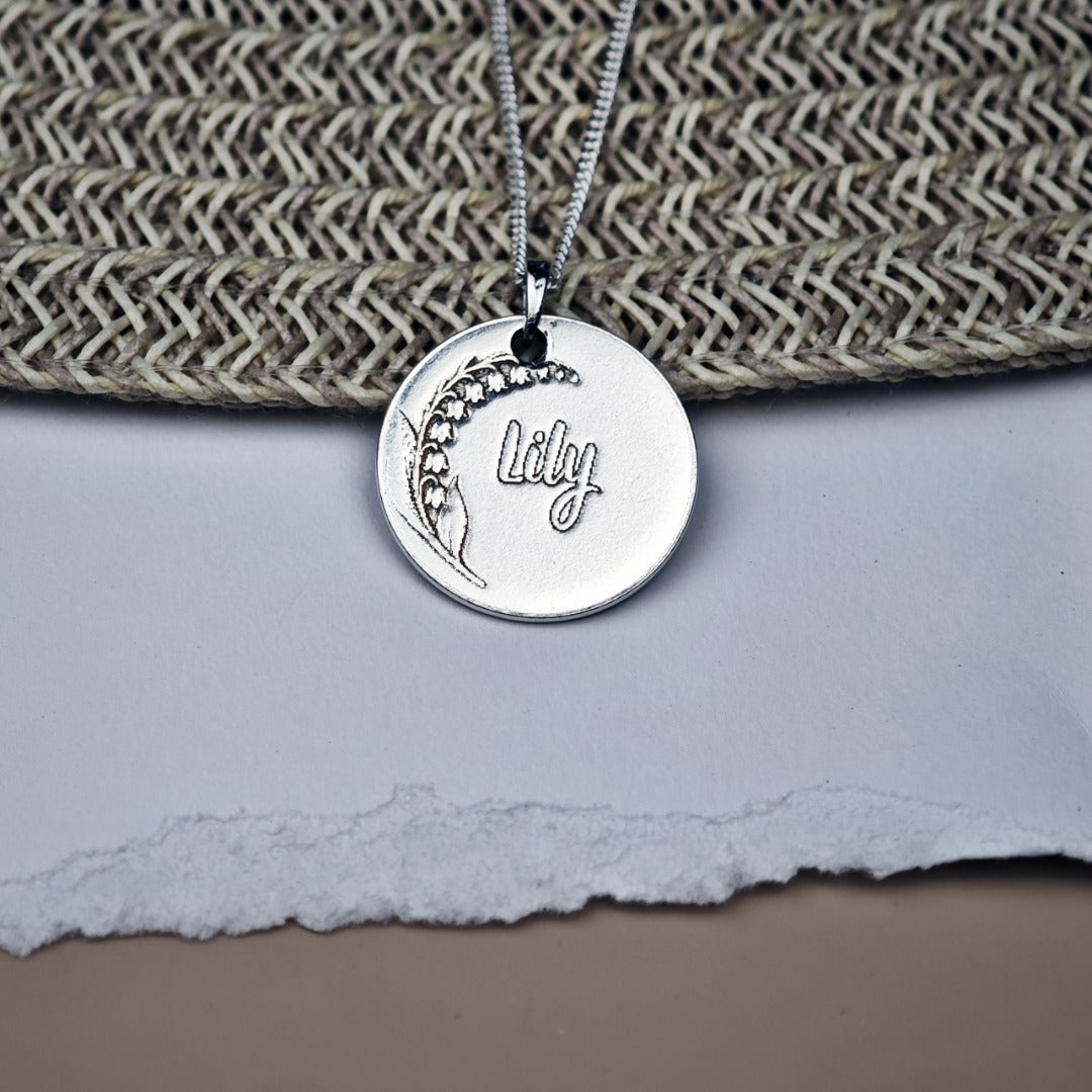 Lily of the Valley Birth Flower Coin Necklace – Deep Engraved Recycled Sterling Silver
