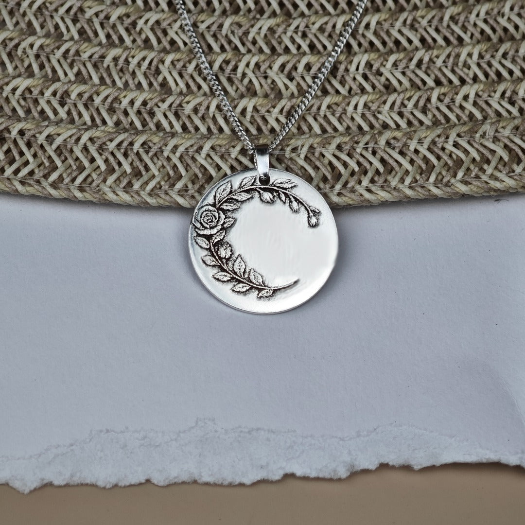 Rose Birth Flower Coin Necklace in Sterling Silver