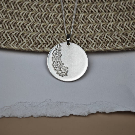 Larkspur Birth Flower Necklace  July Pendant in Recycled Sterling Silver  Personalised & Handmade in UK