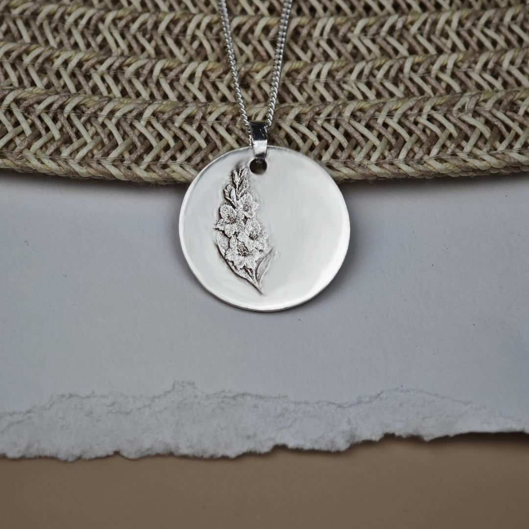 Gladioli Birth Flower Coin Necklace in Sterling Silver