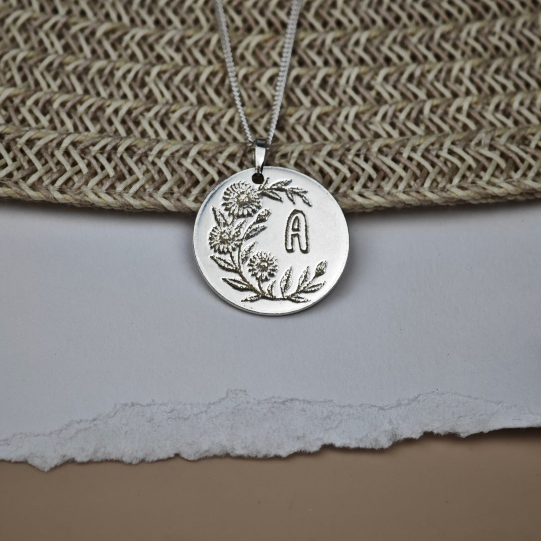 Aster Birth Flower Coin Necklace in Sterling Silver