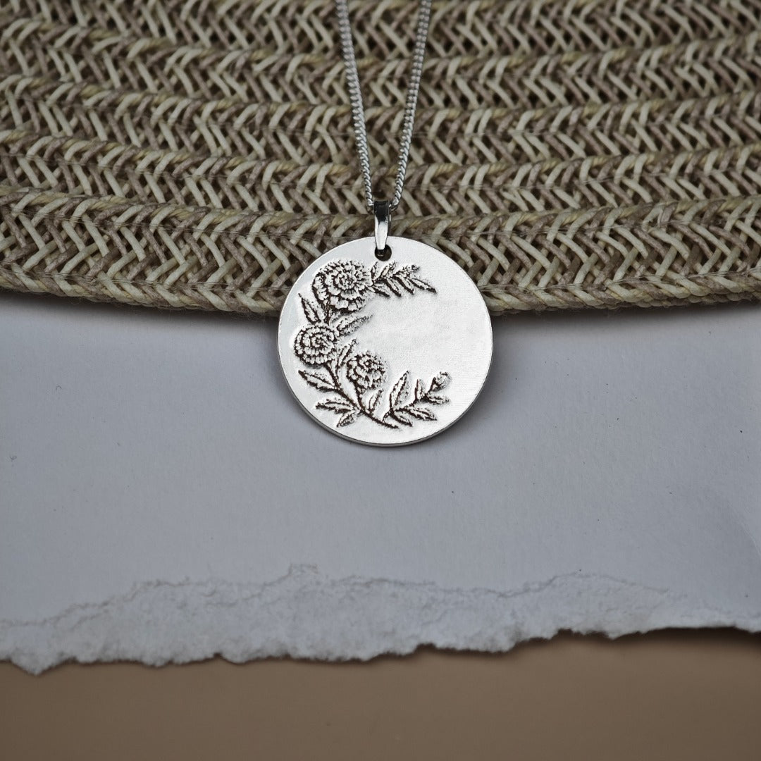 Marigold Birth Flower Coin Necklace in Sterling Silver