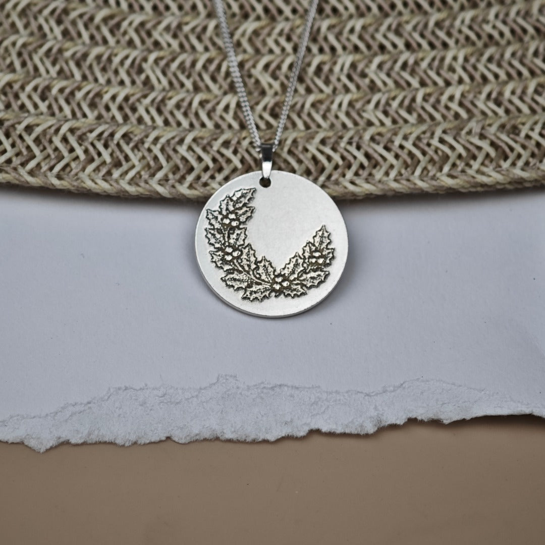 Holly Birth Flower Coin Necklace – Deep Engraved Recycled Sterling Silver