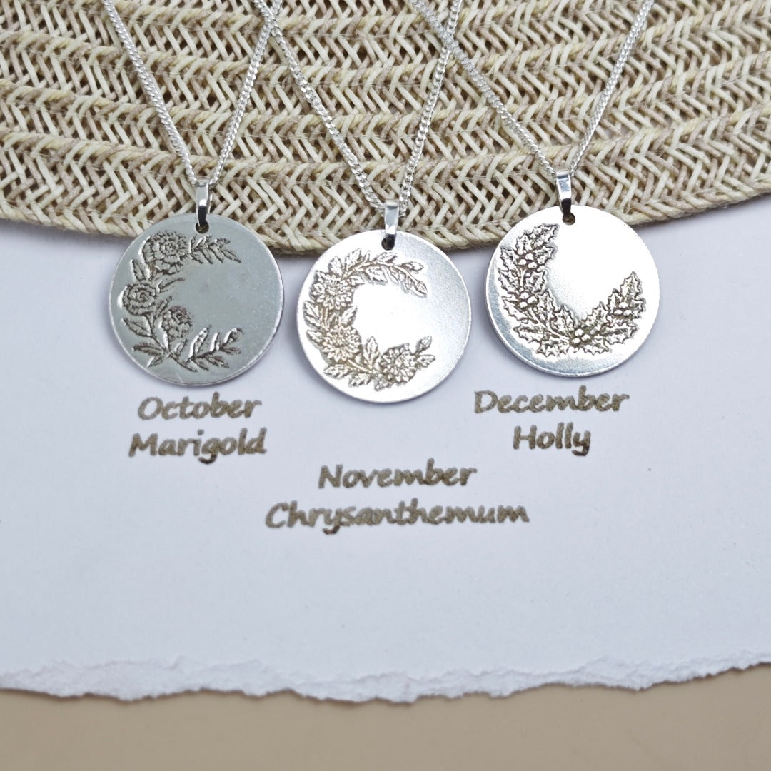 Chrysanthemum Birth Flower Necklace  November Pendant in Recycled Sterling Silver  Personalised & Handmade in UK