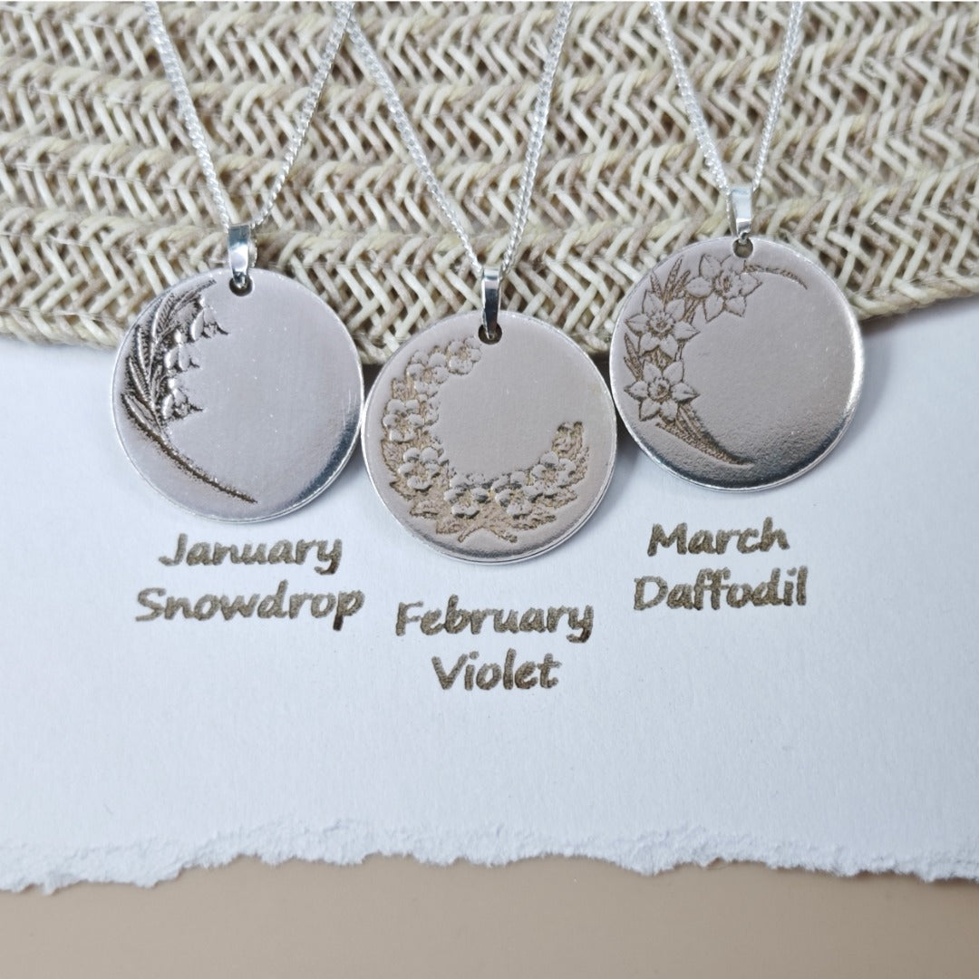 Snowdrop Birth Flower Coin Necklace – Deep Engraved Recycled Sterling Silver