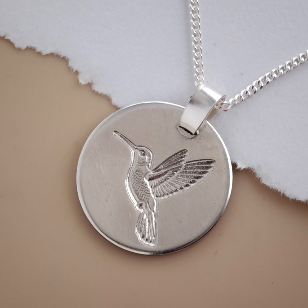 Hummingbird Outline Coin Necklace  Deep Engraved Recycled Sterling Silver