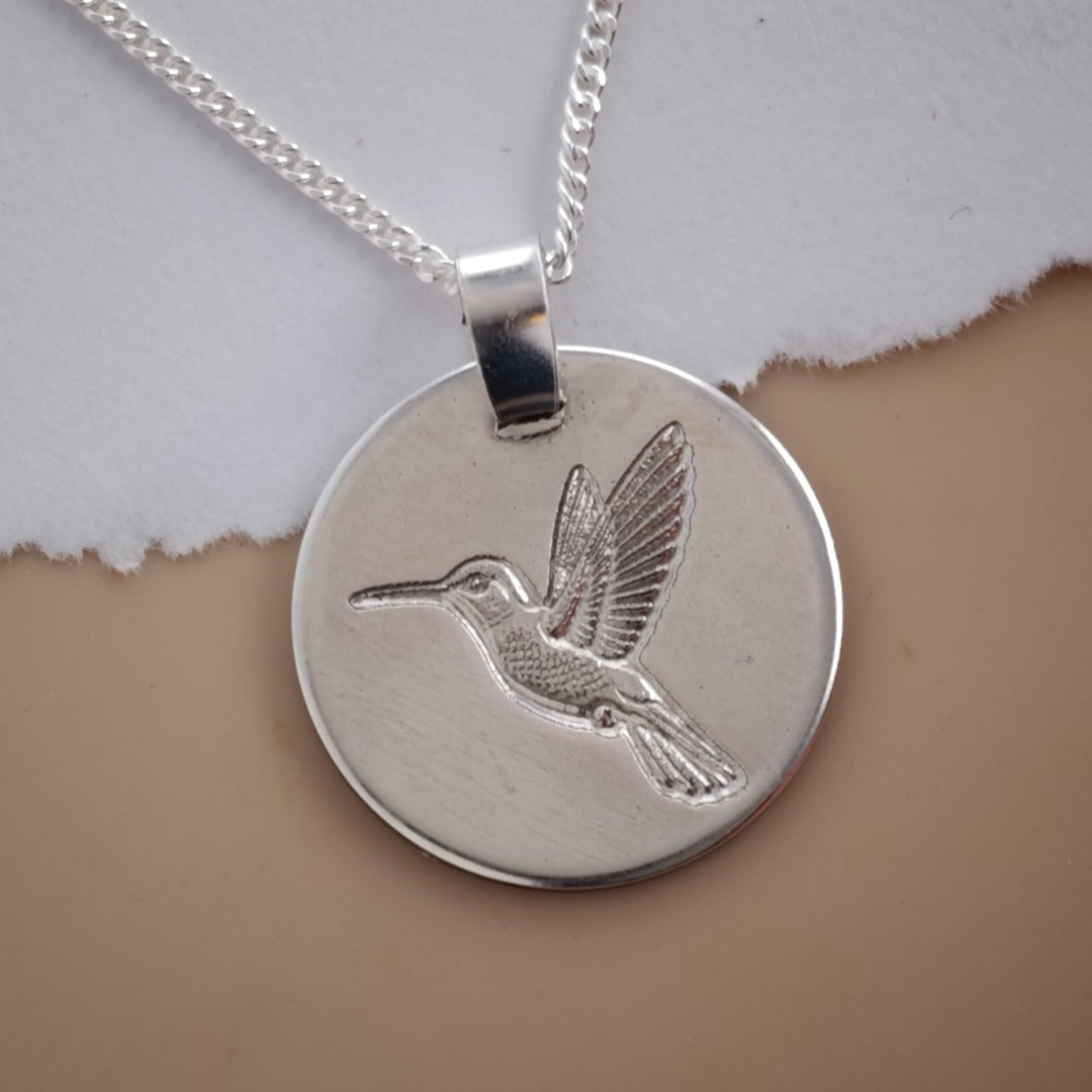 Hummingbird Outline Coin Necklace  Deep Engraved Recycled Sterling Silver