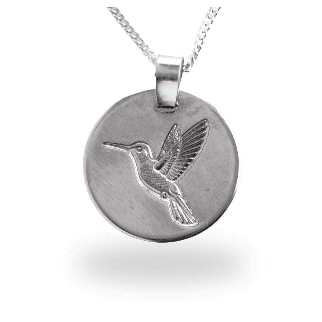 Hummingbird Outline Coin Necklace  Deep Engraved Recycled Sterling Silver