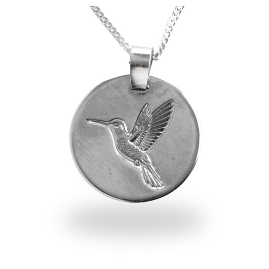 Hummingbird Outline Coin Necklace  Deep Engraved Recycled Sterling Silver