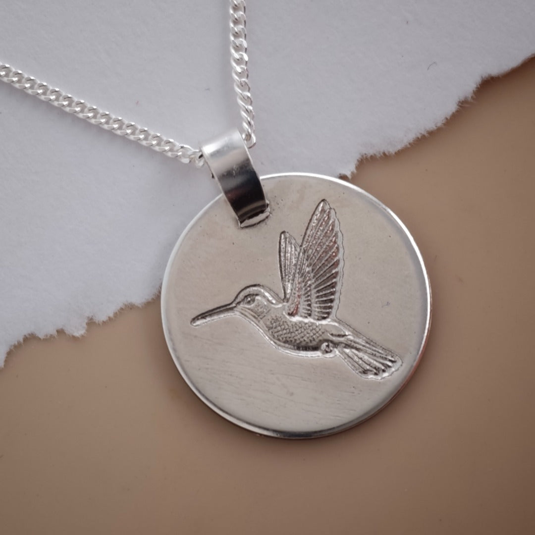 Hummingbird Outline Coin Necklace  Deep Engraved Recycled Sterling Silver