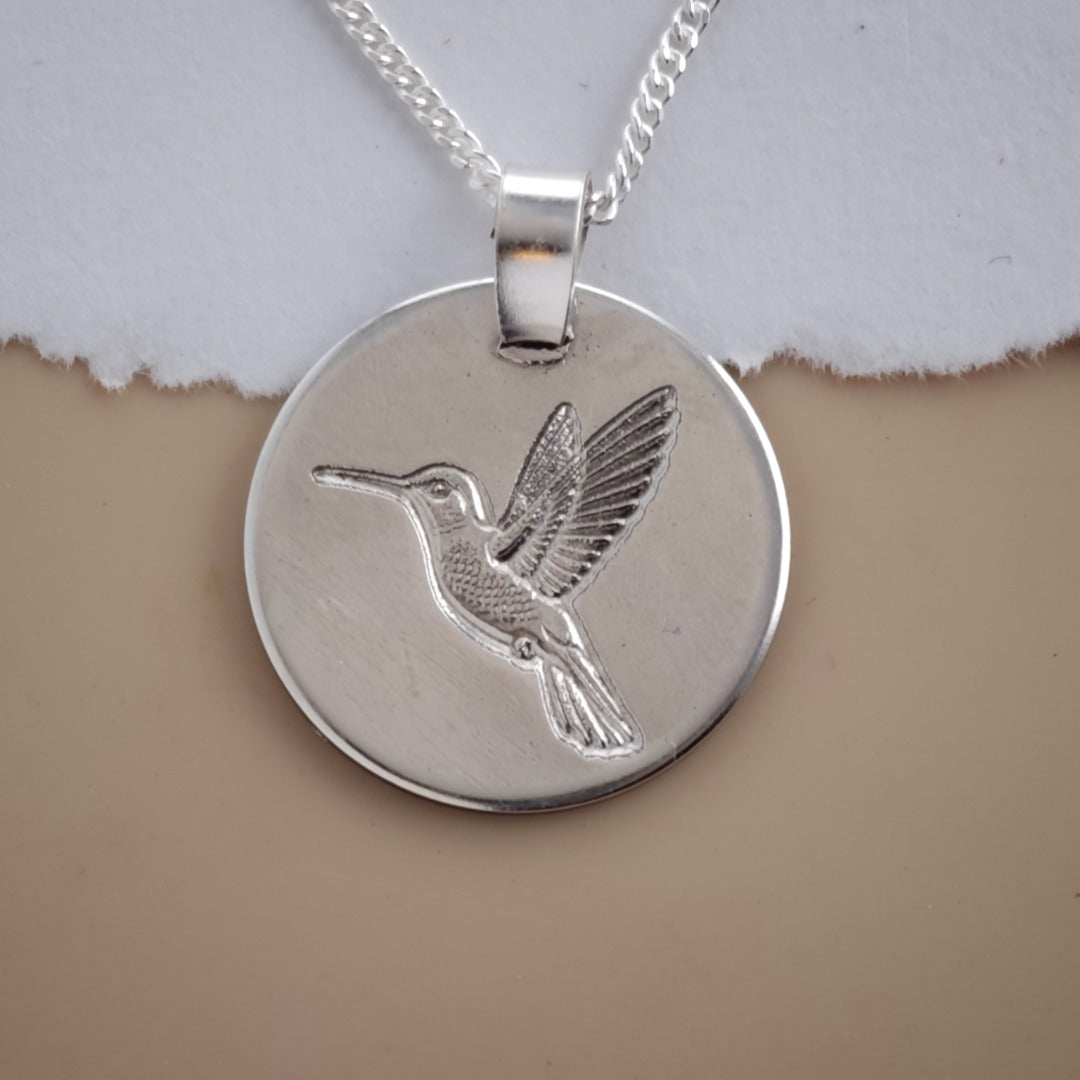 Hummingbird Outline Coin Necklace  Deep Engraved Recycled Sterling Silver
