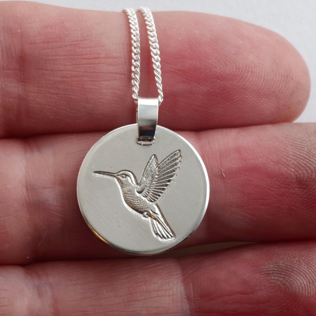 Hummingbird Outline Coin Necklace  Deep Engraved Recycled Sterling Silver