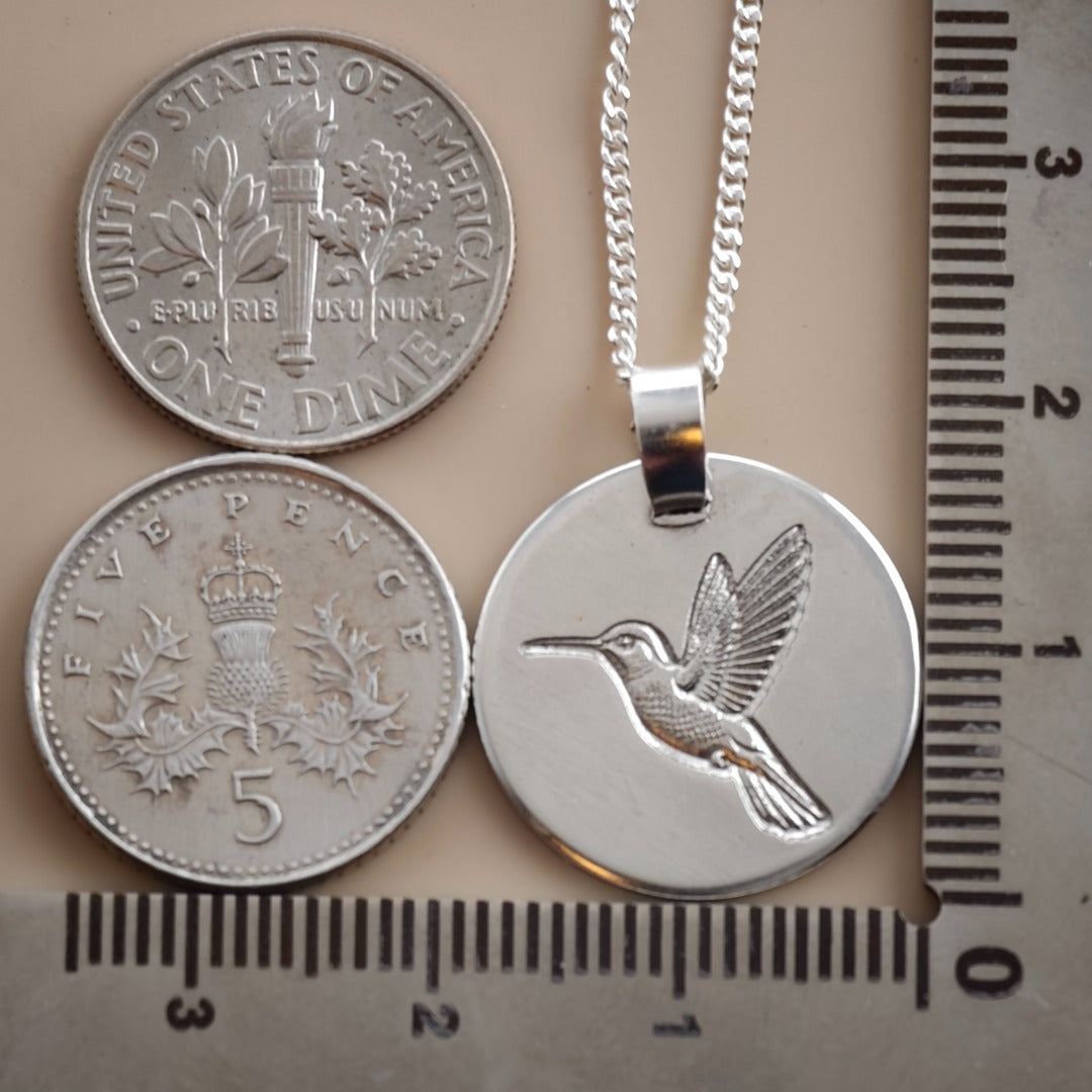 Hummingbird Outline Coin Necklace  Deep Engraved Recycled Sterling Silver