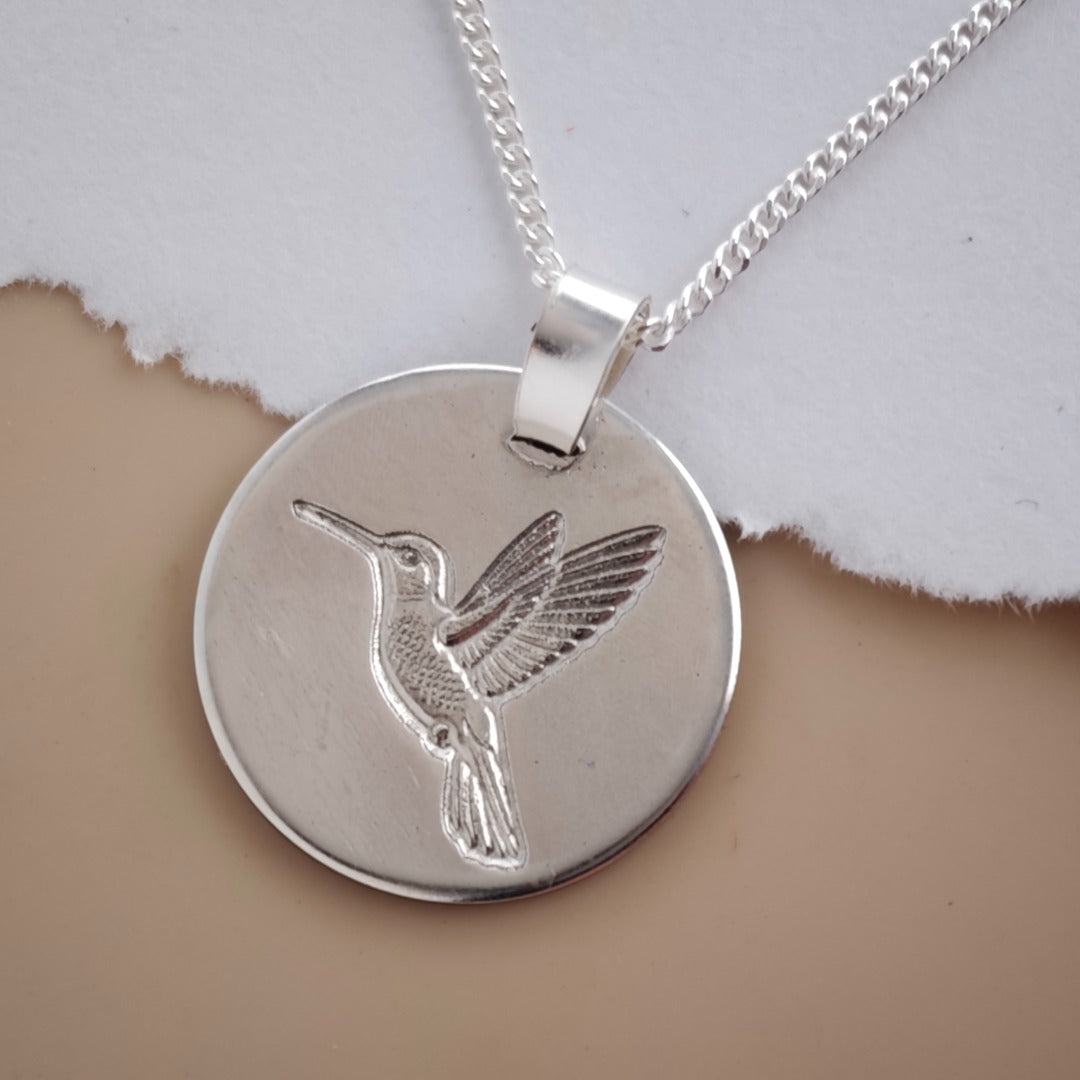Hummingbird Outline Coin Necklace  Deep Engraved Recycled Sterling Silver