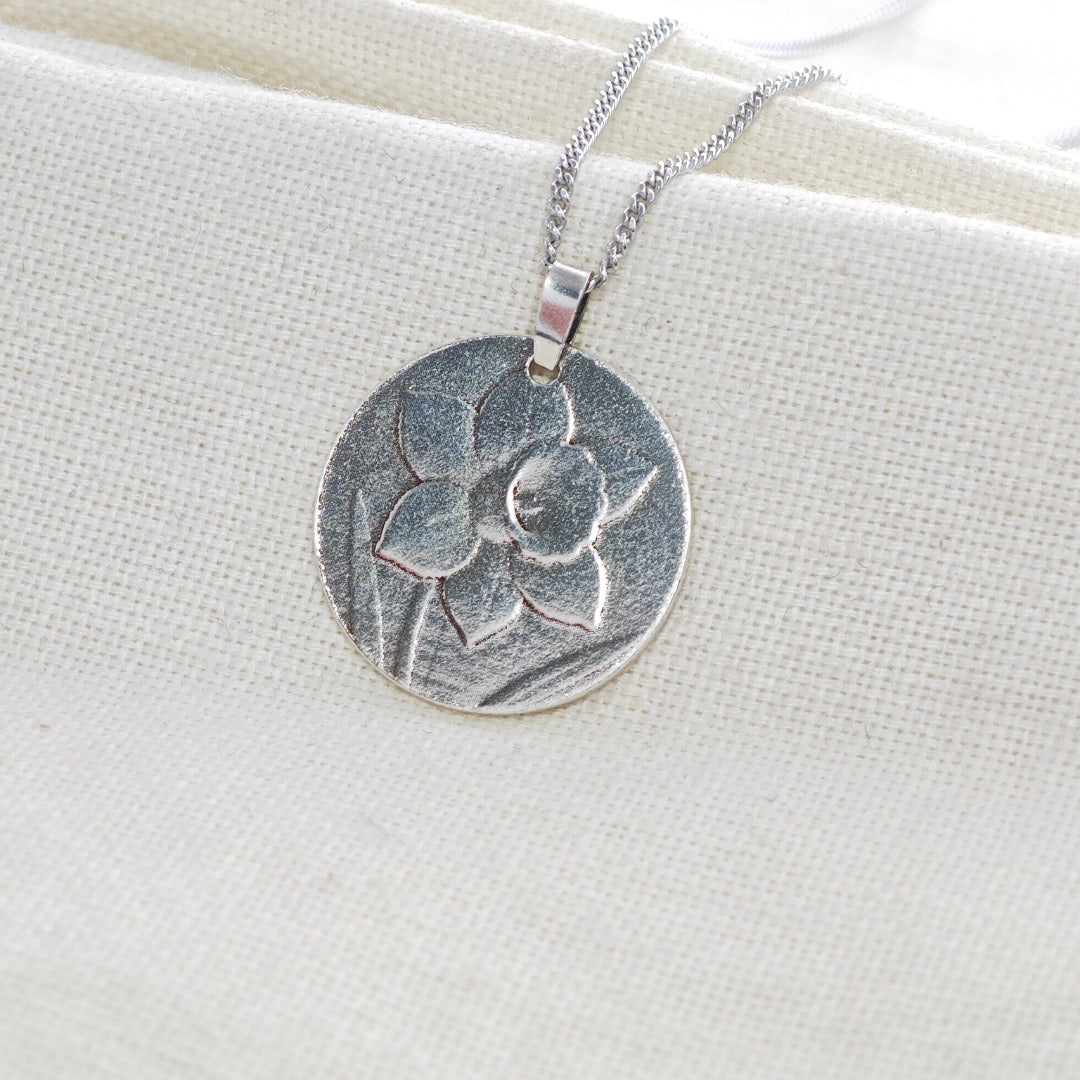 Silver Daffodil Coin Necklace Pendant Engrave Option Personalise 925