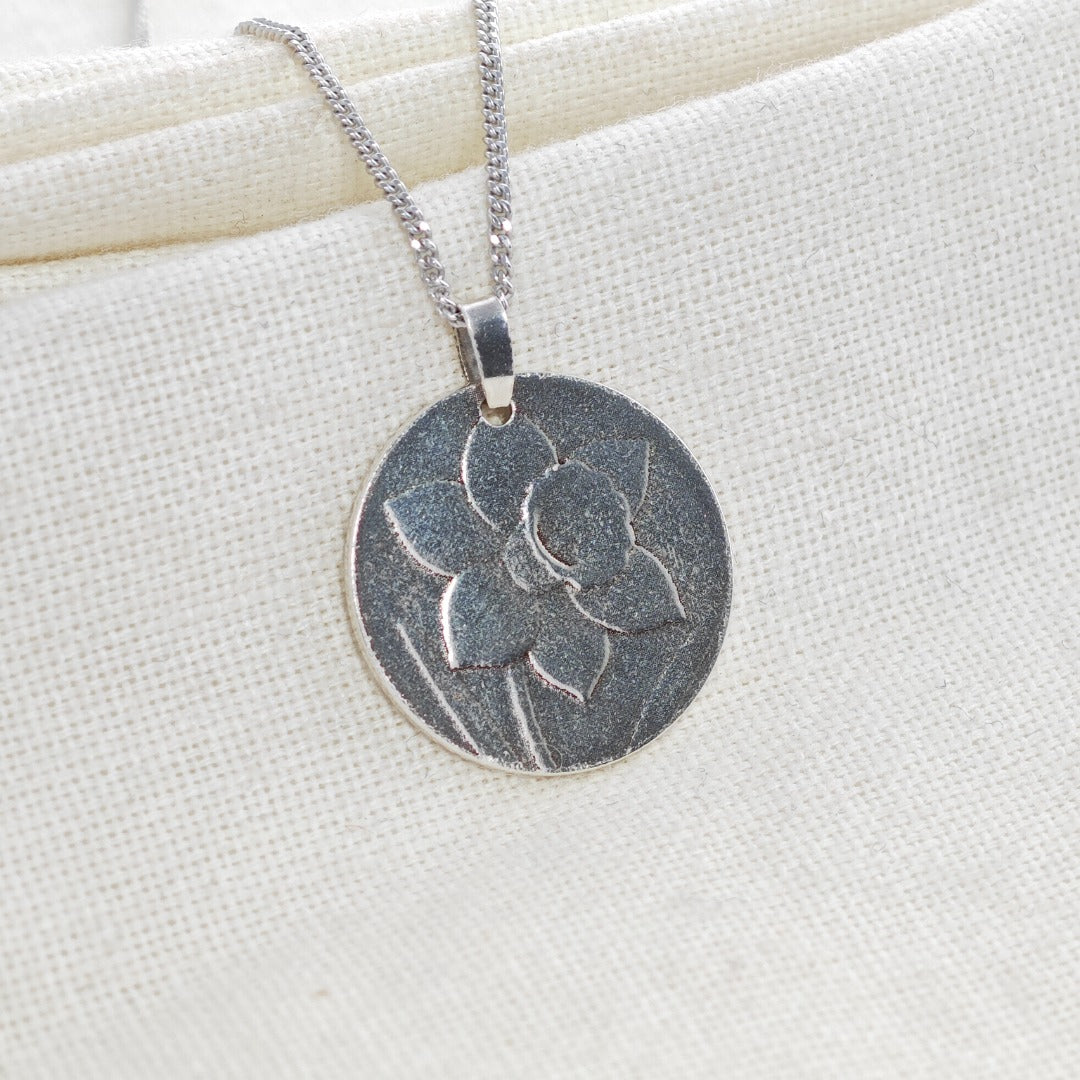 Silver Daffodil Coin Necklace Pendant Engrave Option Personalise 925