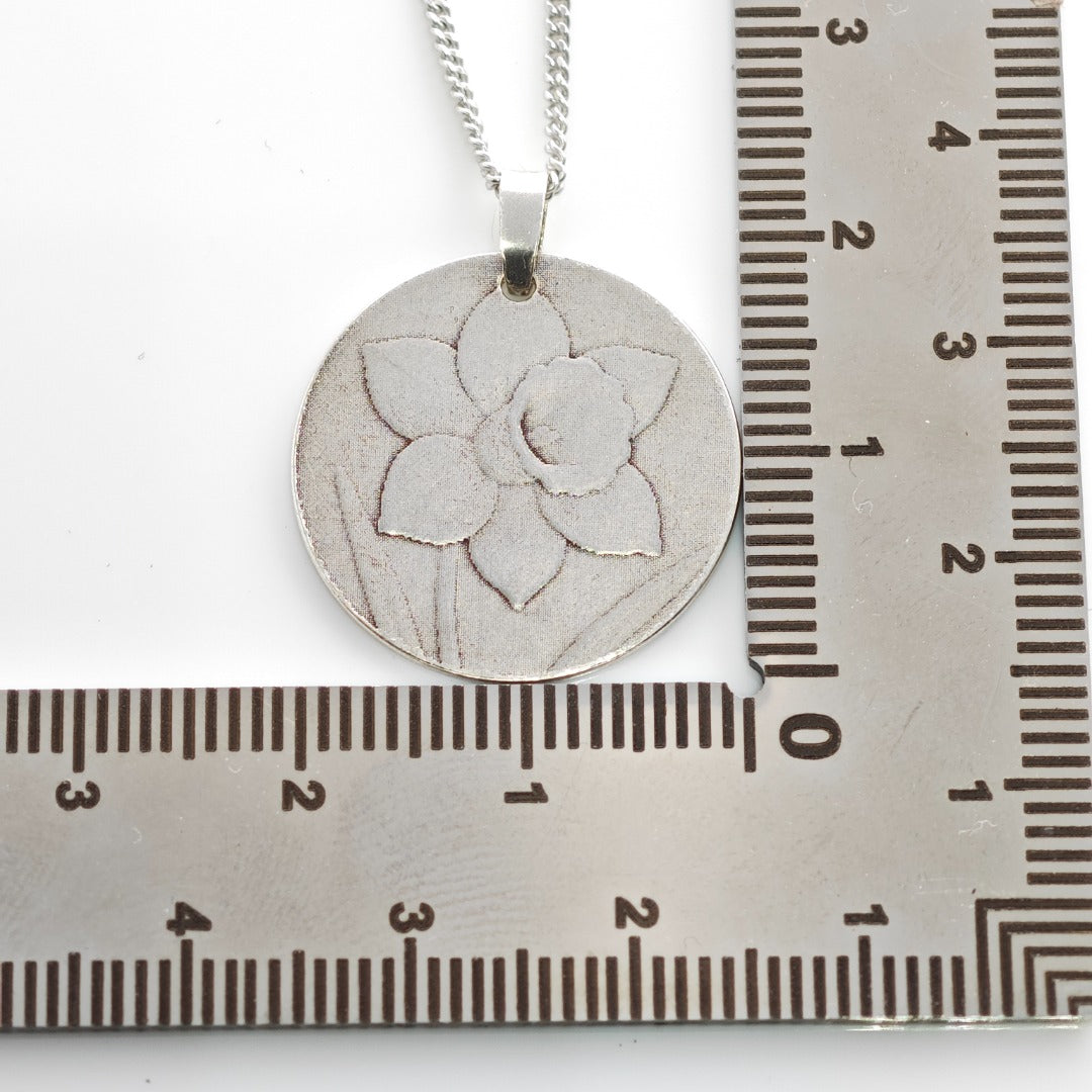 Silver Daffodil Coin Necklace Pendant Engrave Option Personalise 925