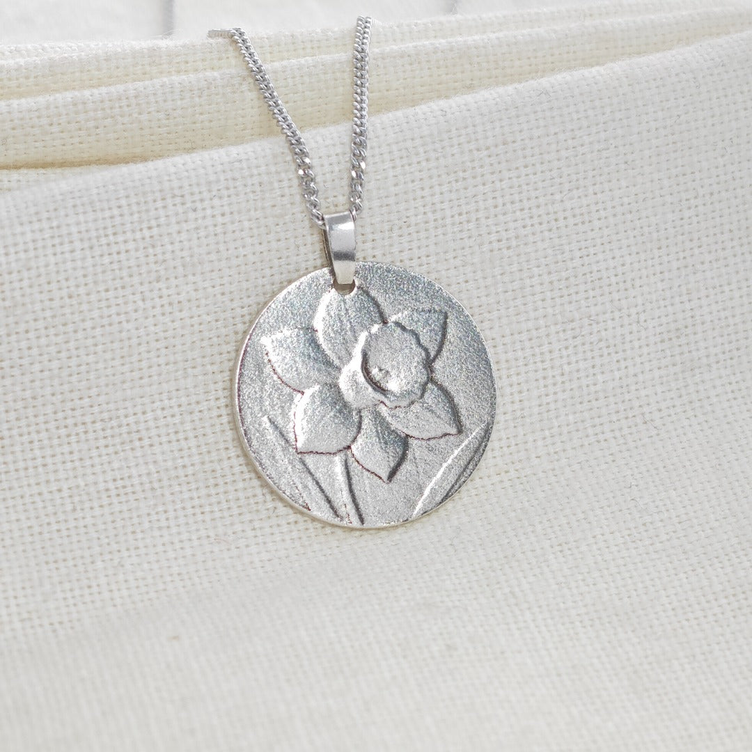 Silver Daffodil Coin Necklace Pendant Engrave Option Personalise 925