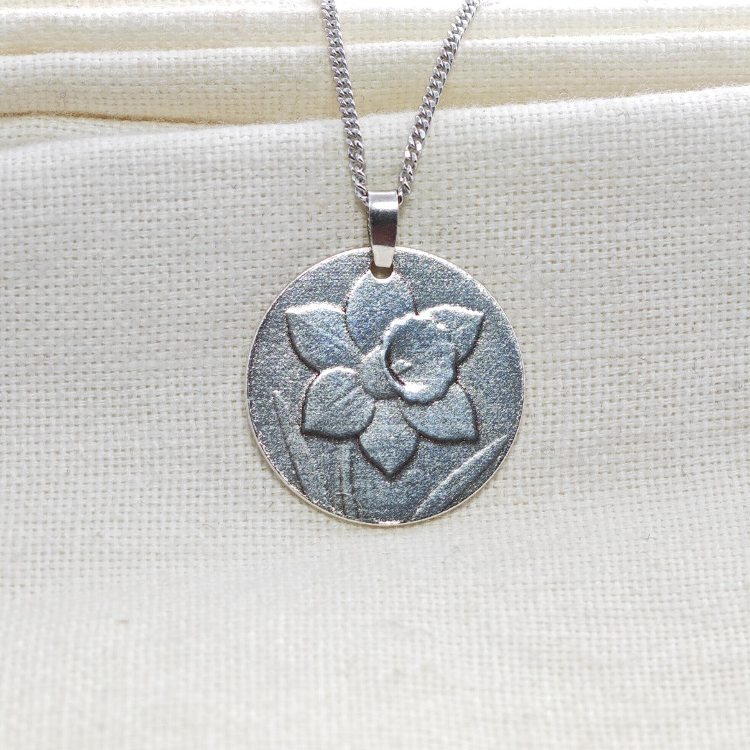 Silver Daffodil Coin Necklace Pendant Engrave Option Personalise 925