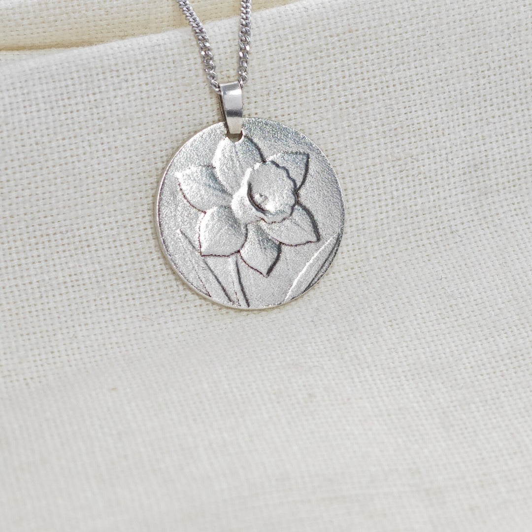 Silver Daffodil Coin Necklace Pendant Engrave Option Personalise 925