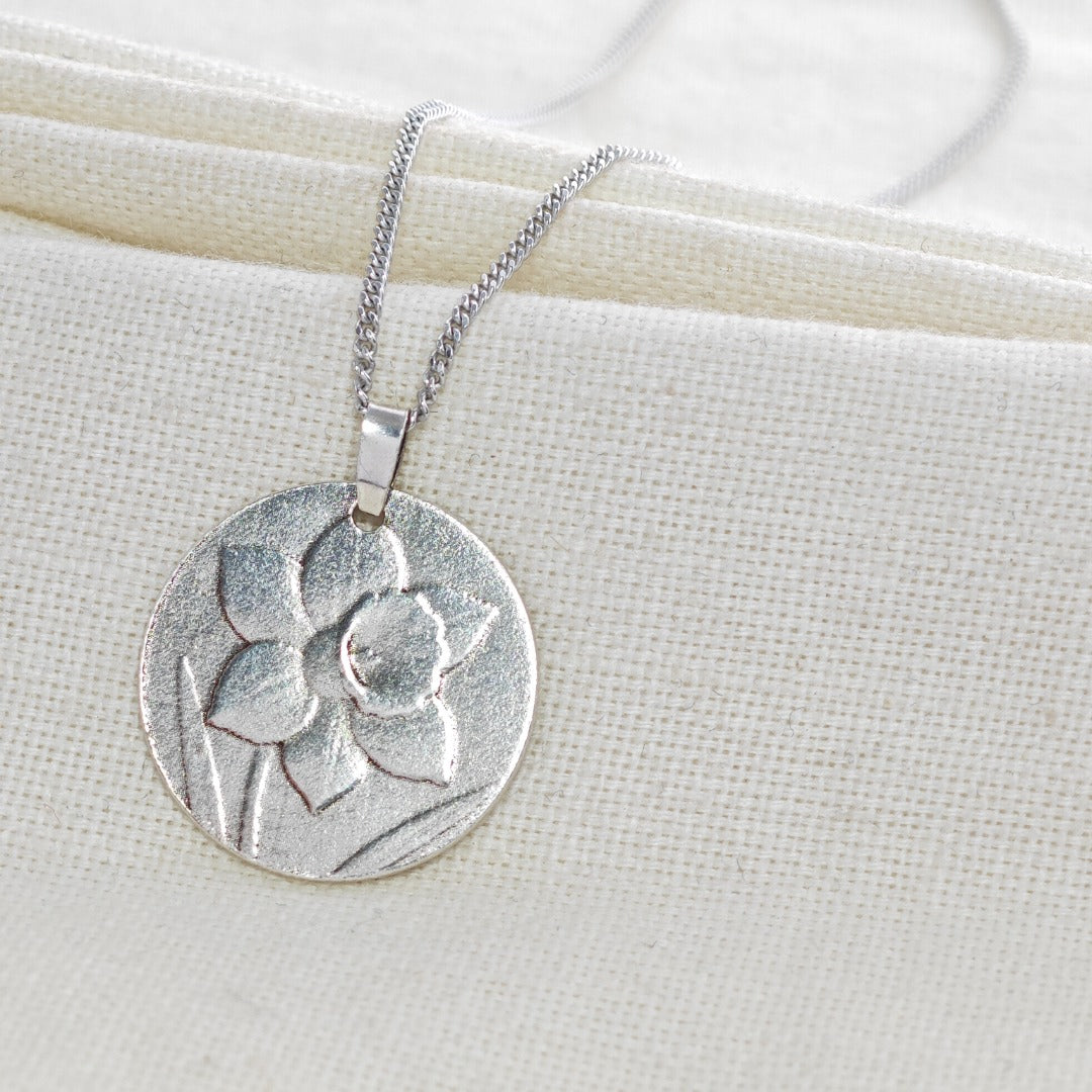 Silver Daffodil Coin Necklace Pendant Engrave Option Personalise 925