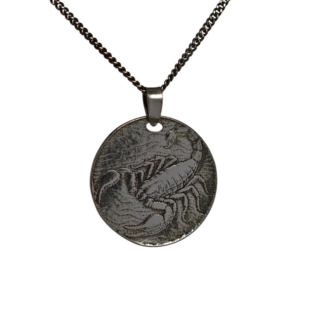 Scorpio Scorpion Zodiac Coin Necklace – Deep Engraved Recycled Sterling Silver