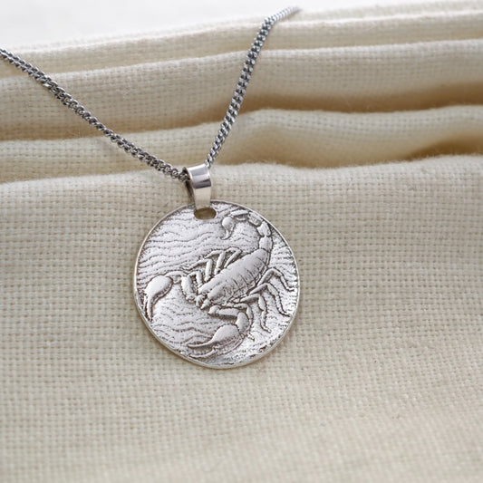 Silver Scorpion Coin Necklace Pendant Engrave Option Personalise Scorpio Zodiac