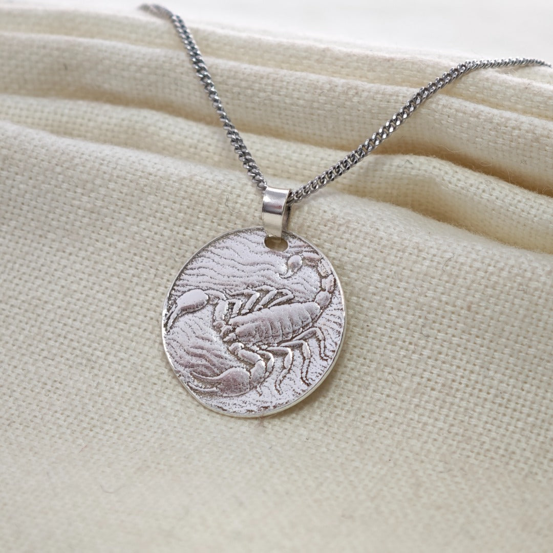 Scorpio Scorpion Zodiac Coin Necklace – Deep Engraved Recycled Sterling Silver