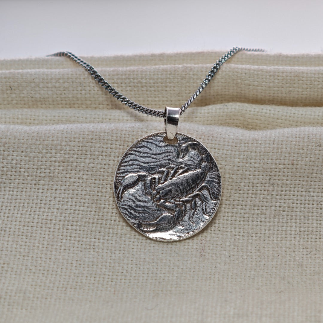 Scorpio Scorpion Zodiac Coin Necklace – Deep Engraved Recycled Sterling Silver