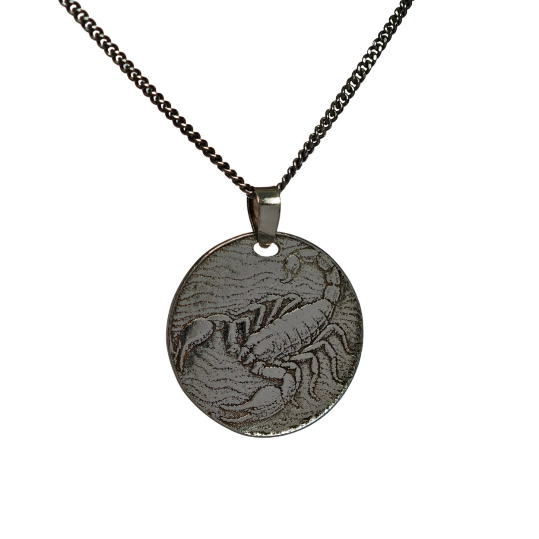 silver scorpion coin necklace pendant engrave option personalise scorpio zodiac designed in the UK