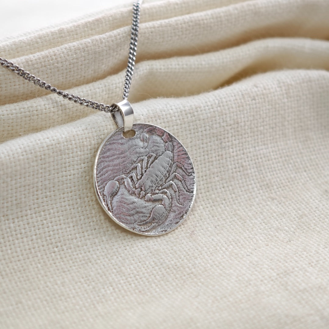 Scorpio Scorpion Zodiac Coin Necklace – Deep Engraved Recycled Sterling Silver