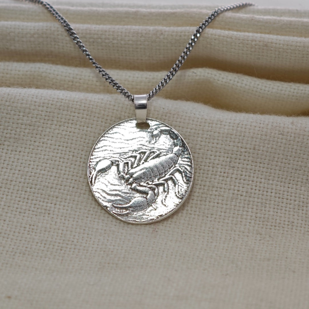 Scorpio Scorpion Zodiac Coin Necklace – Deep Engraved Recycled Sterling Silver