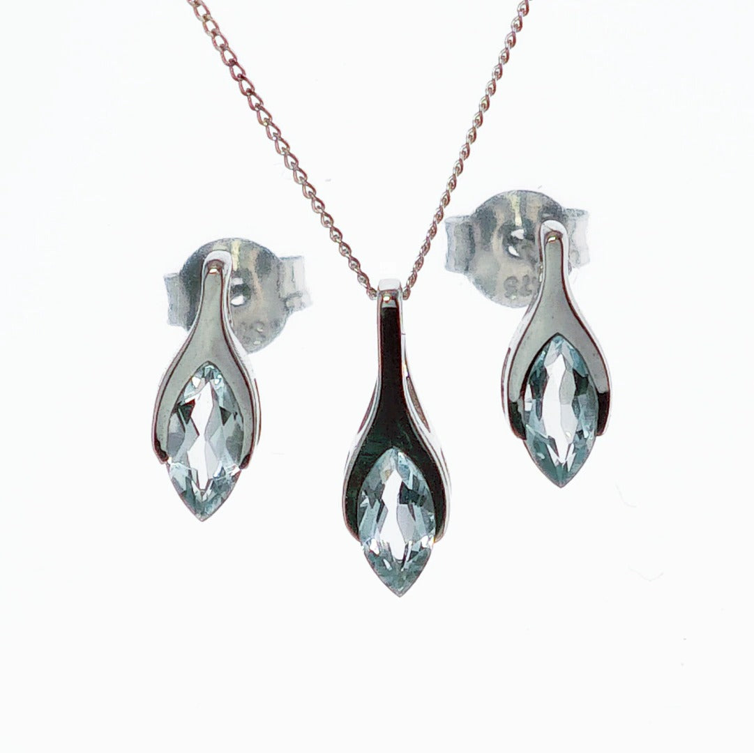 9ct White Gold Aquamarine Set Pendant Earrings Minimalist Marquise