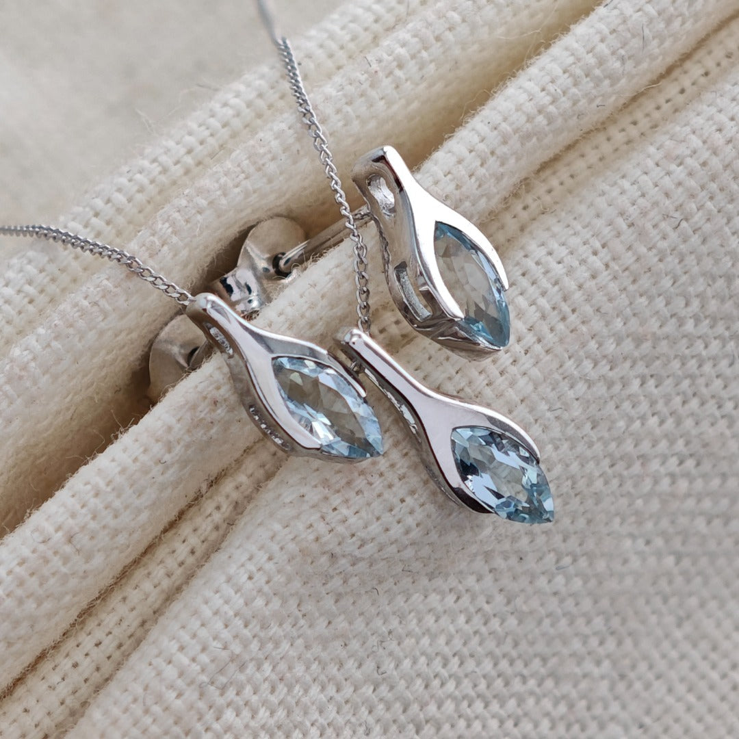 9ct White Gold Aquamarine Set Pendant Earrings Minimalist Marquise