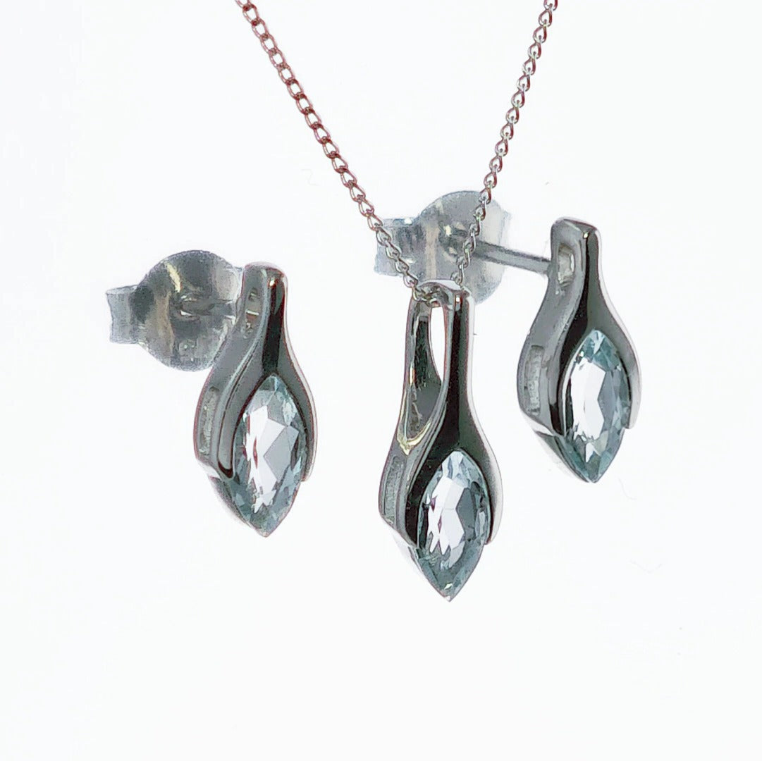 9ct White Gold Aquamarine Set Pendant Earrings Minimalist Marquise
