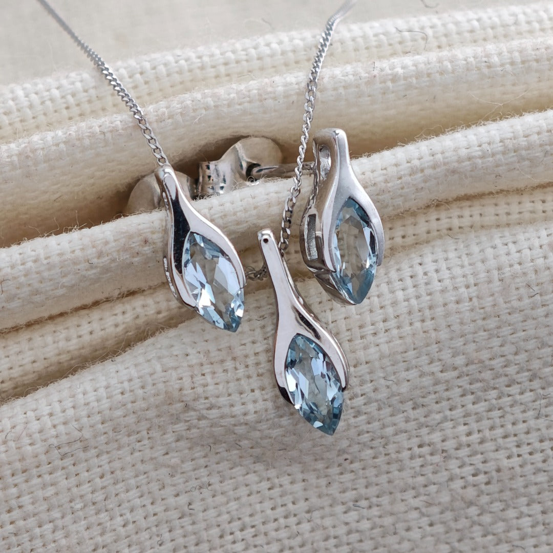 9ct White Gold Aquamarine Set Pendant Earrings Minimalist Marquise
